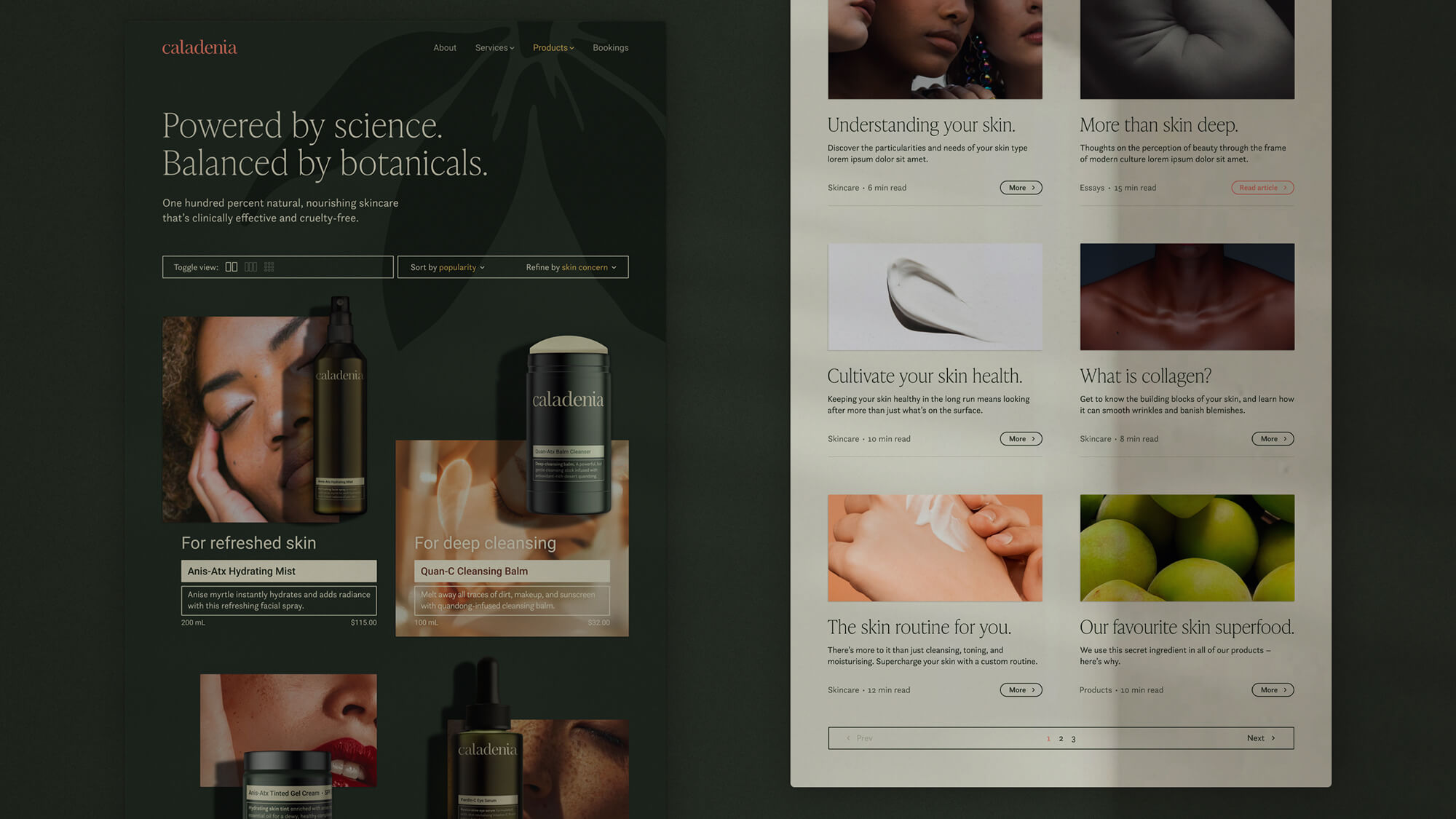 Two website designs featuring the products page and blog of Caladenia skincare clinic.