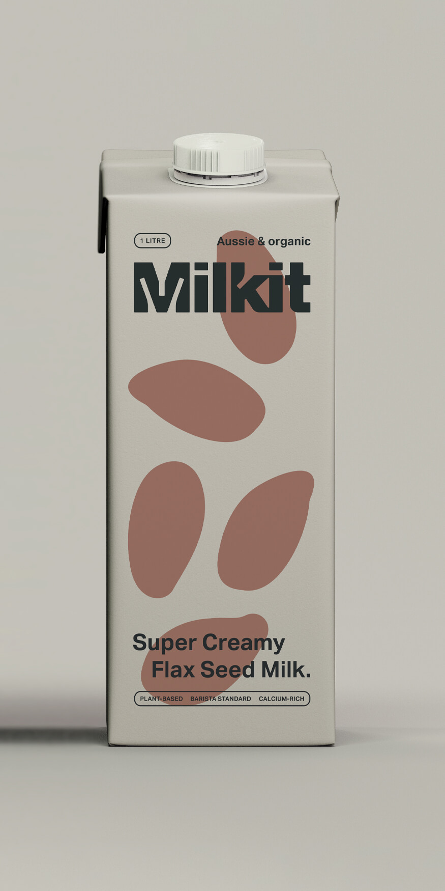 Packaging design for a carton of Milkit Flax Seed Milk featuring minimal flax seed brand illustration.