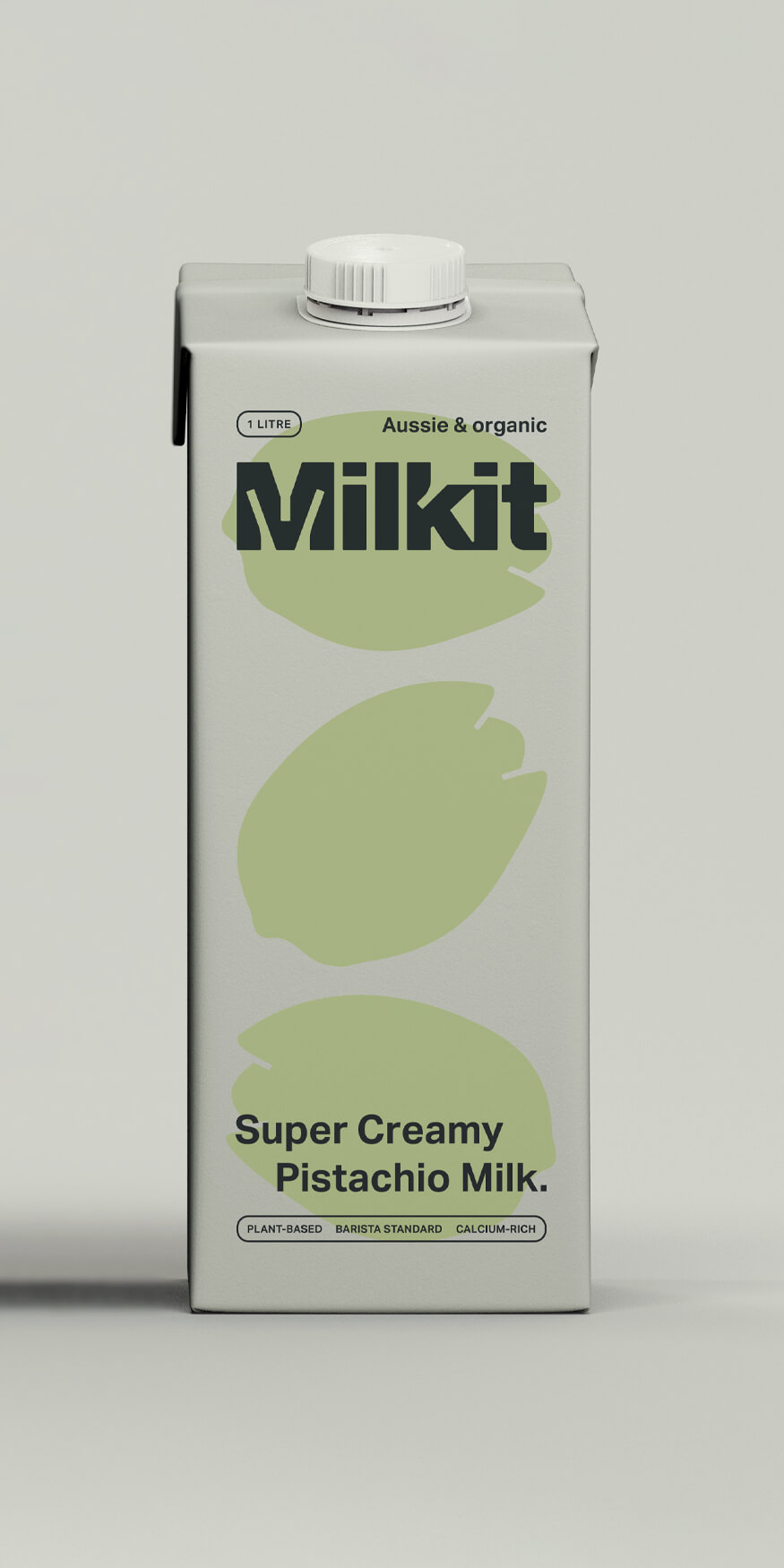 Packaging design for a carton of Milkit Pistachio Milk featuring minimal pistachio brand illustration.