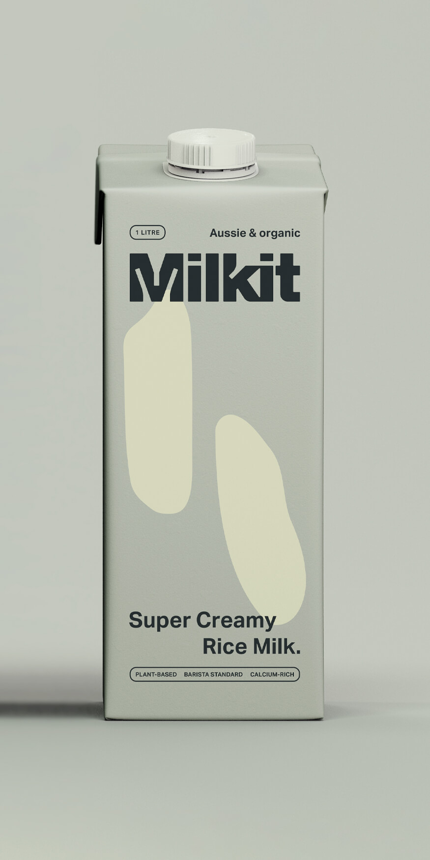 Packaging design for a carton of Milkit Rice Milk featuring minimal rice brand illustration.
