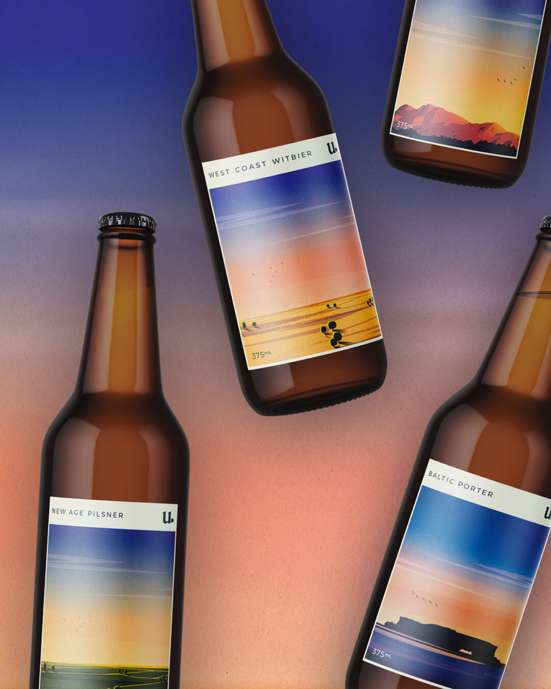 Floating beer bottles displaying logo, branding, and packaging & label design for a Western Australian brewery.