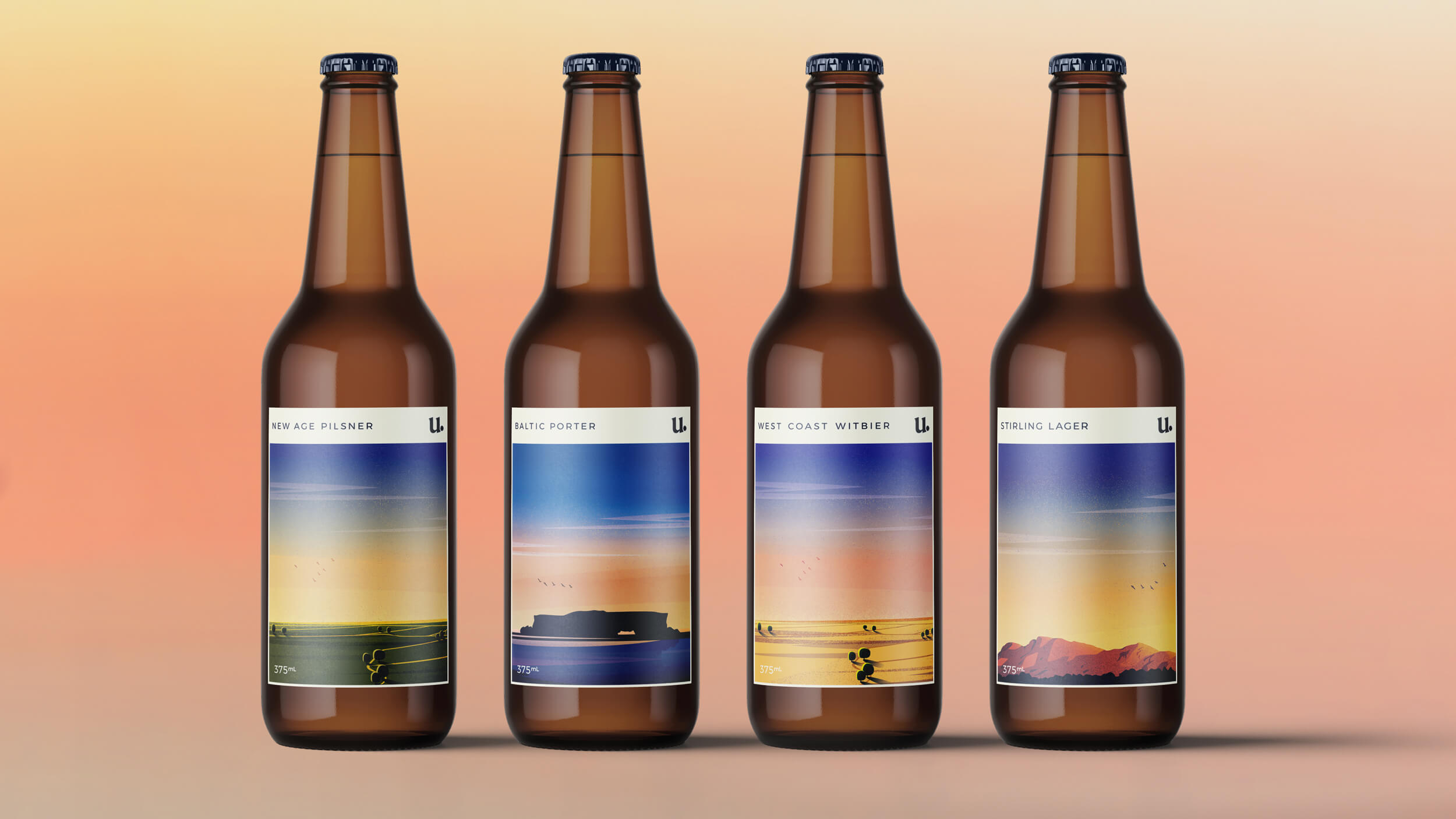 Four Utepils Craft Brewery bottles with label designs showcasing branding and colourful illustrations of Western Australian landscapes.