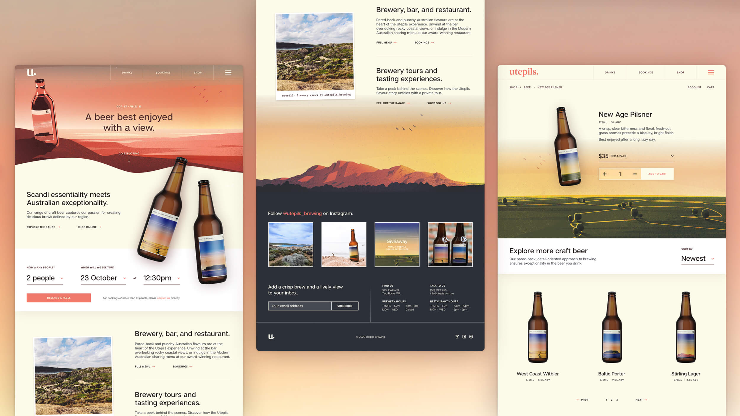 Website design brewery homepage and eCommerce products page.