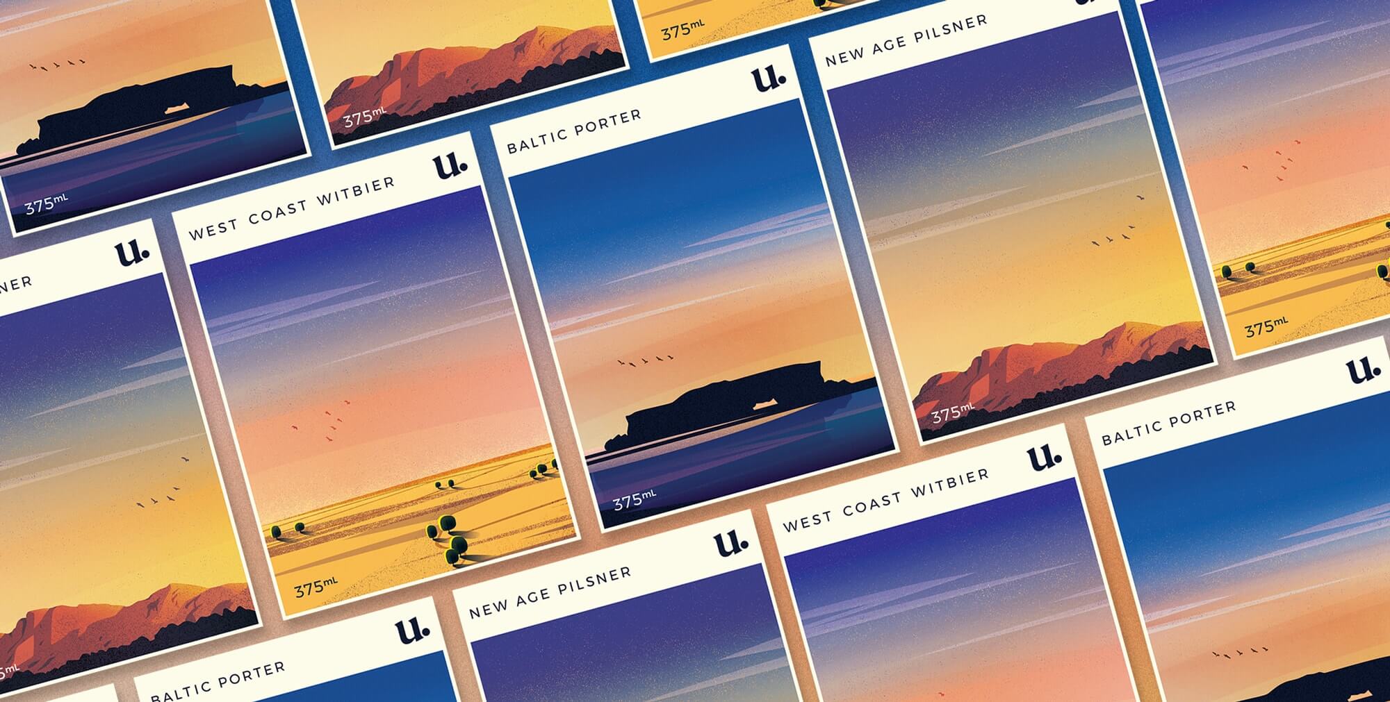 A grid of labels for a Perth craft brewery showcasing branding and colourful illustrations of Western Australian landscapes.
